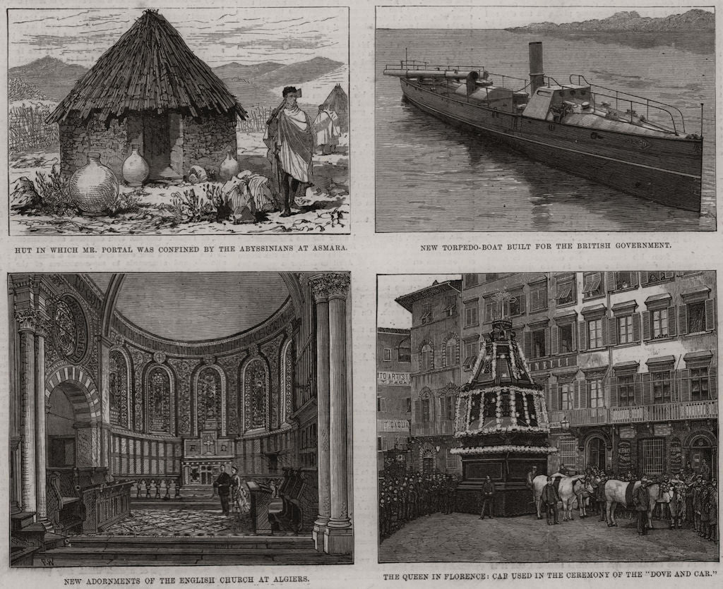 Portal Asmara. Torpedo-boat. English church Algiers. Florence. Eritrea 1888